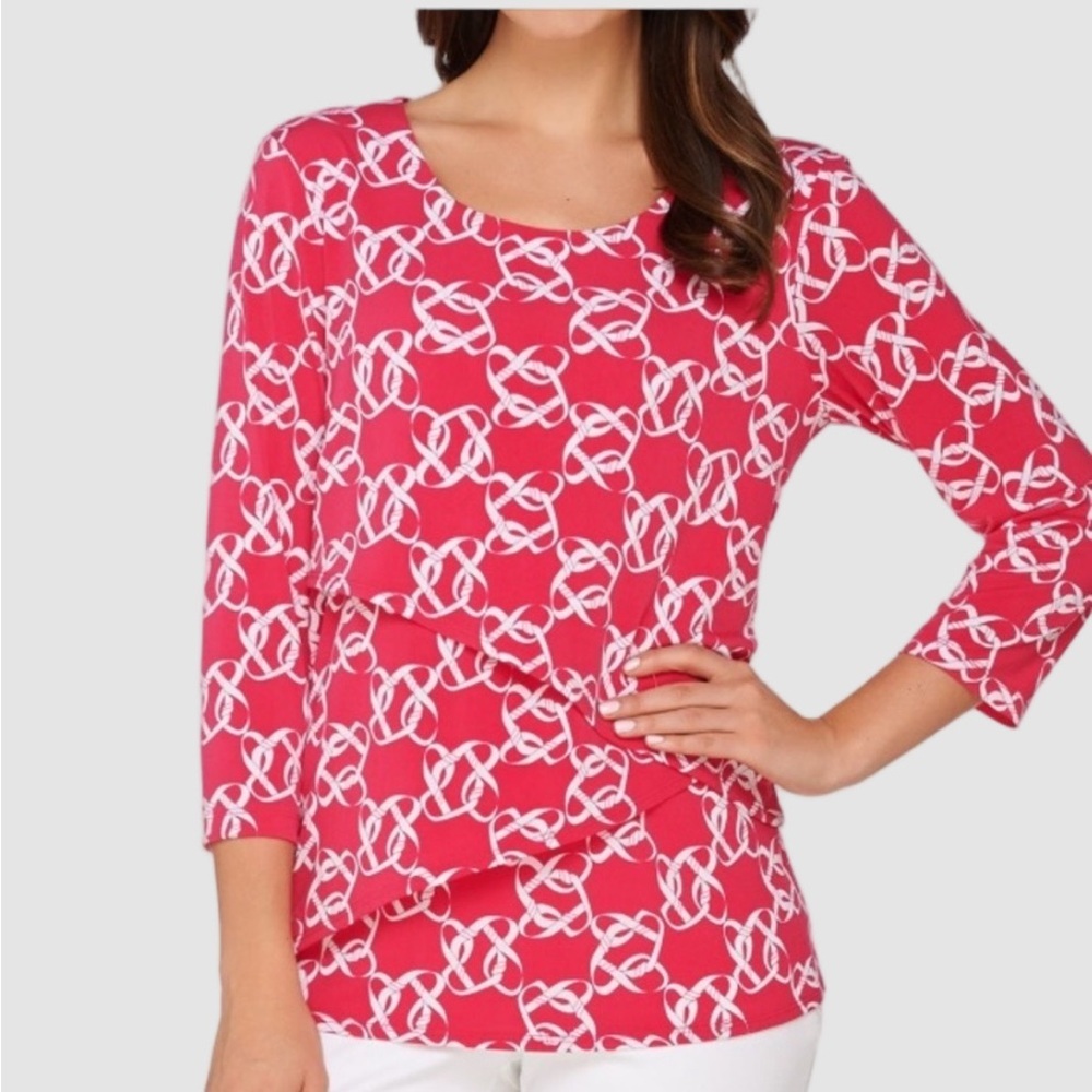 SUSAN GRAVER Liquid Stretch Geometric Pink Blouse 1X